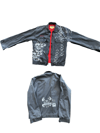 Grey jacket with red lining and white print 
