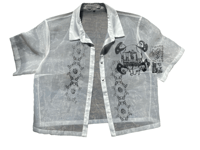 Image 1 of White translucent button down with black print 