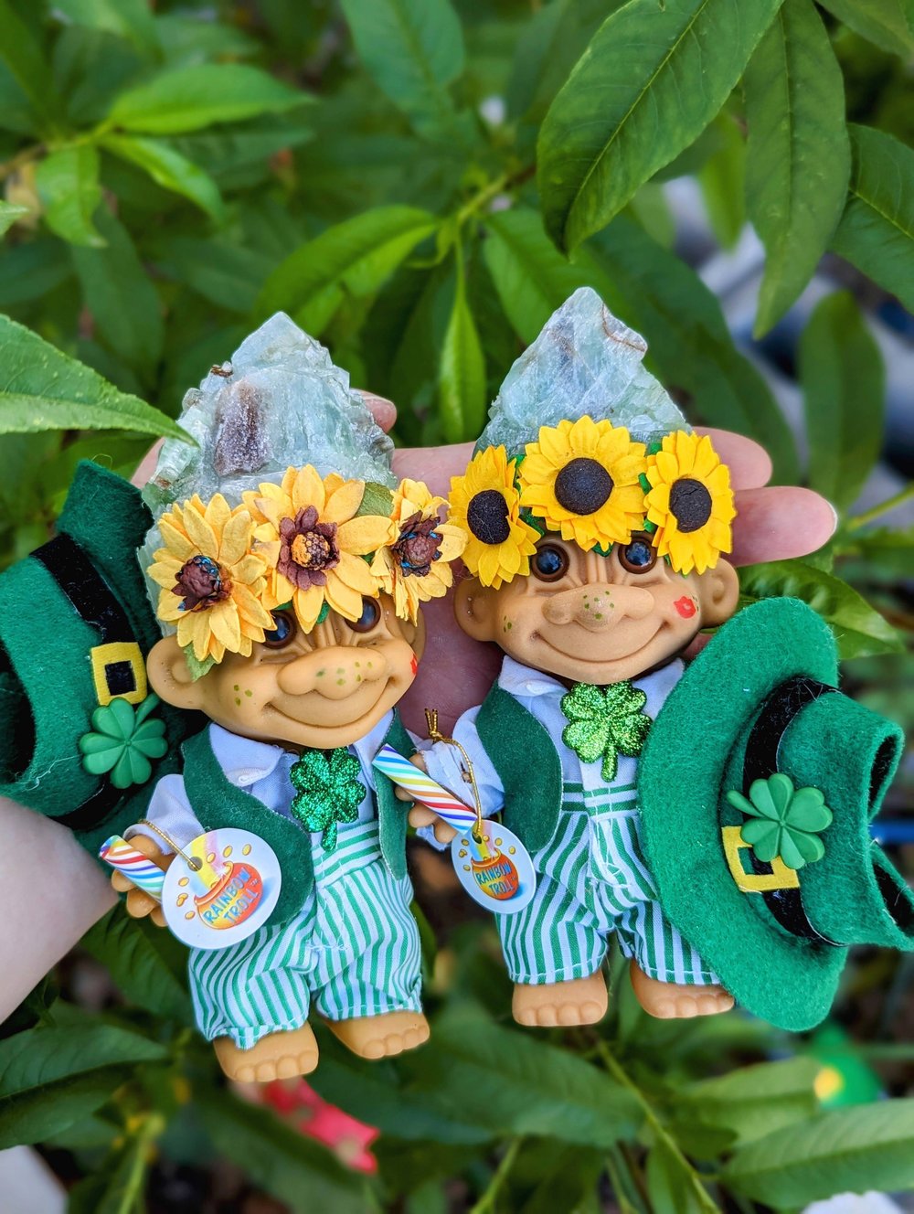 Green Calcite St Paddy's Troll with Sunflower Crown and Hat 6"