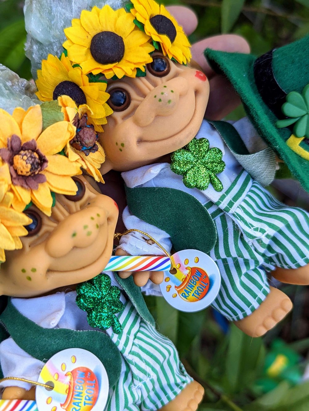 Green Calcite St Paddy's Troll with Sunflower Crown and Hat 6"