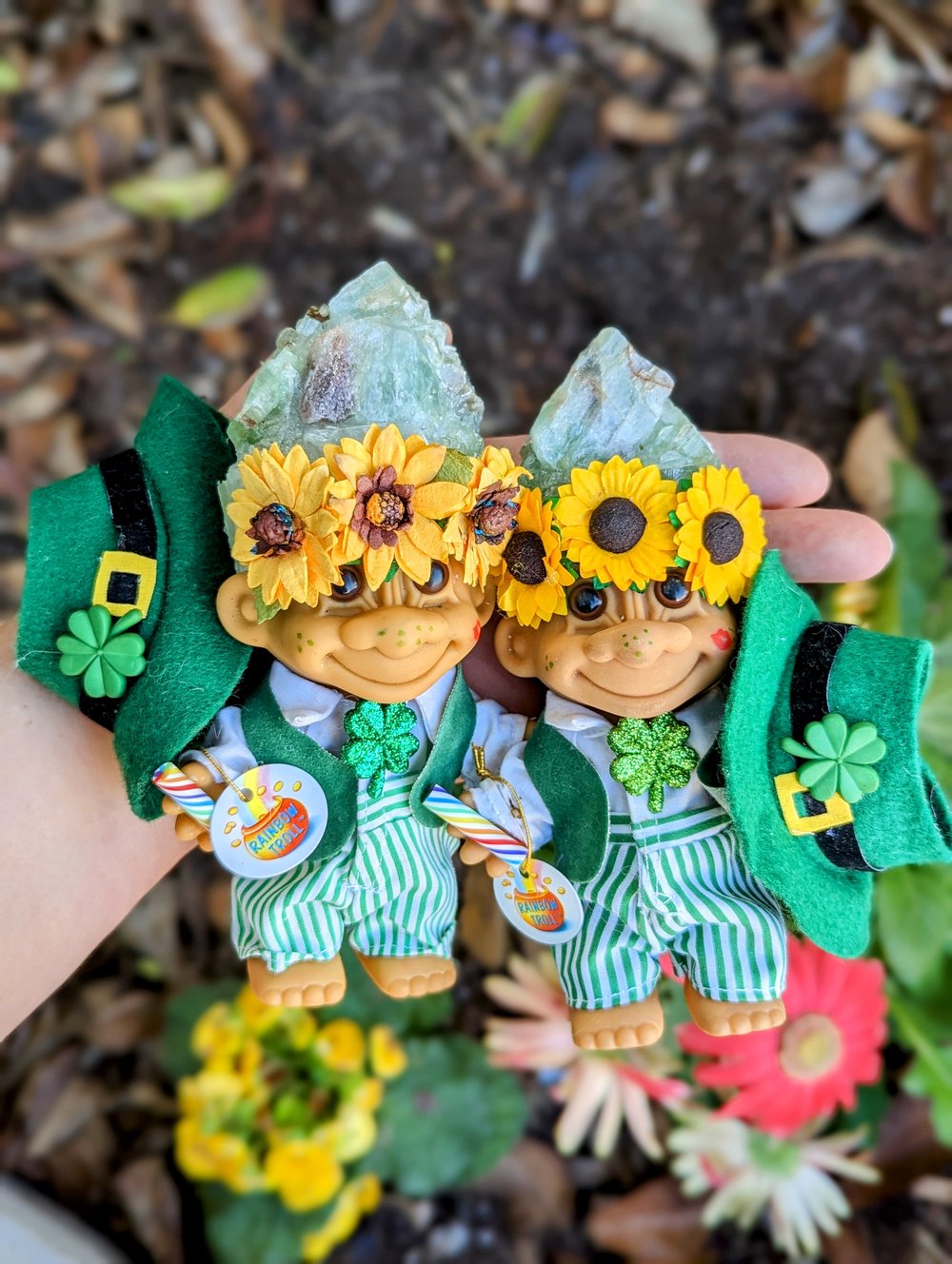 Green Calcite St Paddy's Troll with Sunflower Crown and Hat 6"