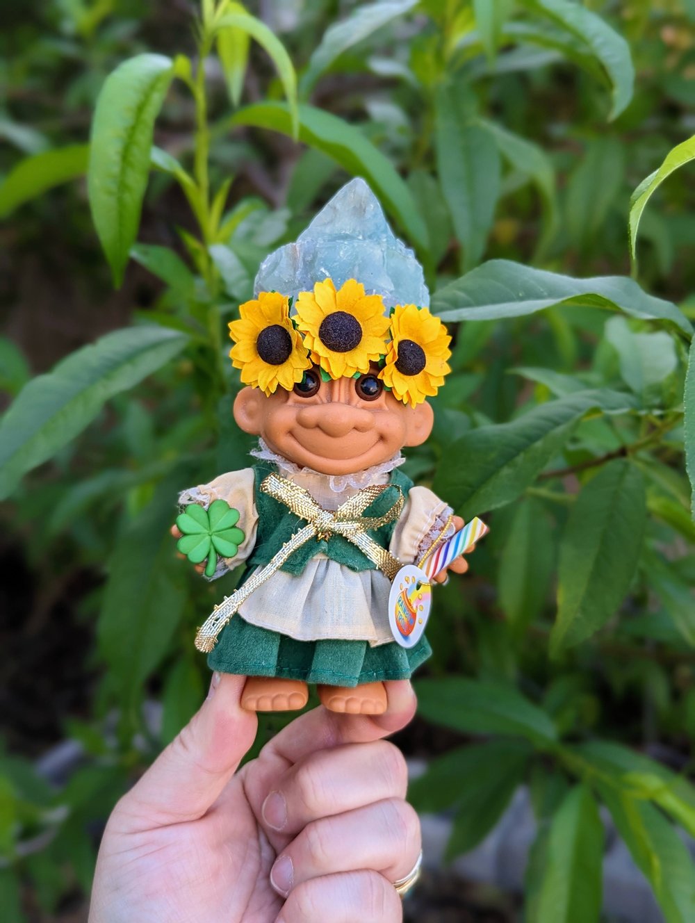 Green Calcite St Paddy's Troll with Velvet Dress and Sunflower Crown 6"