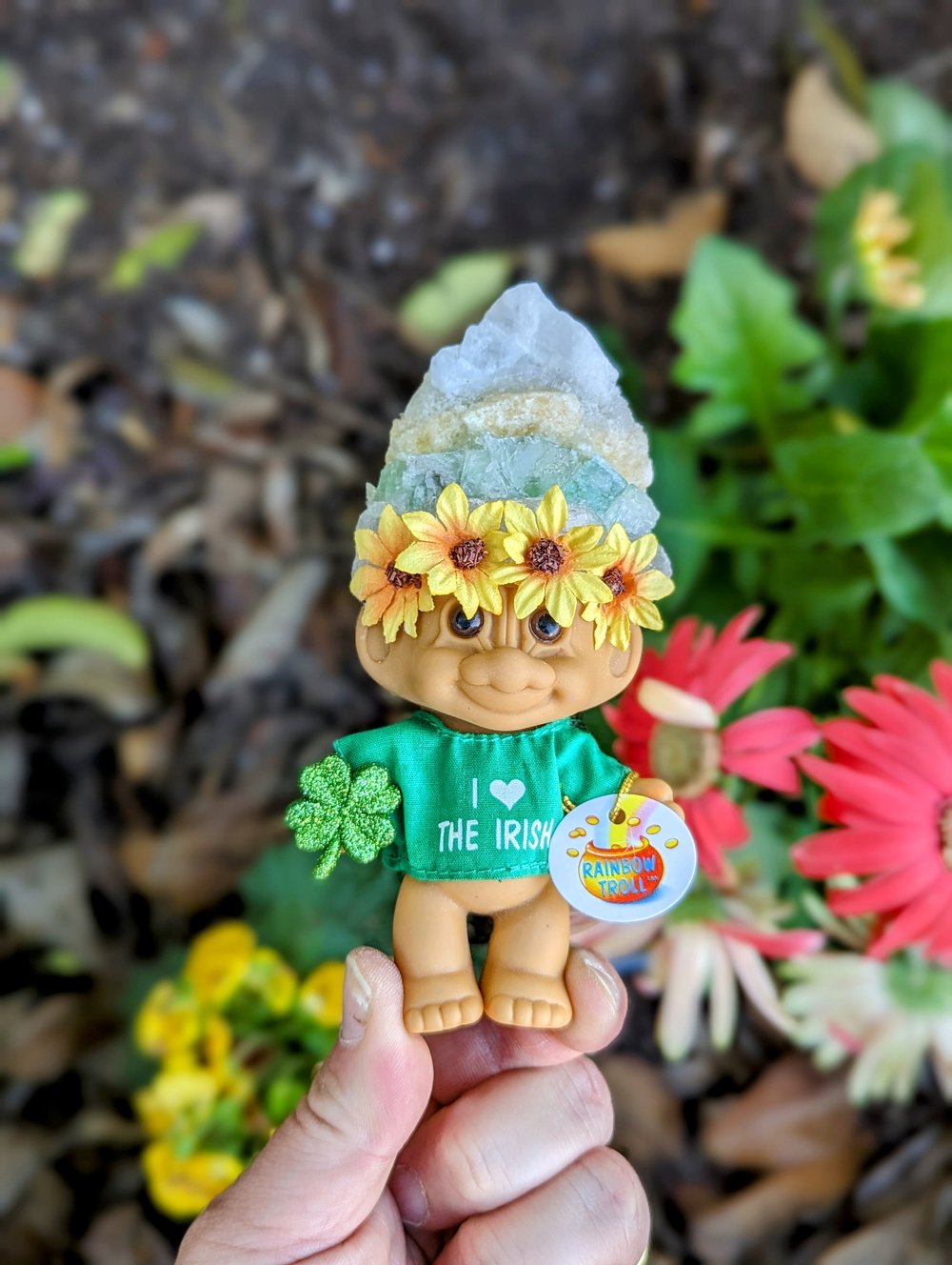 Quartz, Green and Yellow Calcite "I love the Irish" Troll 4.5"