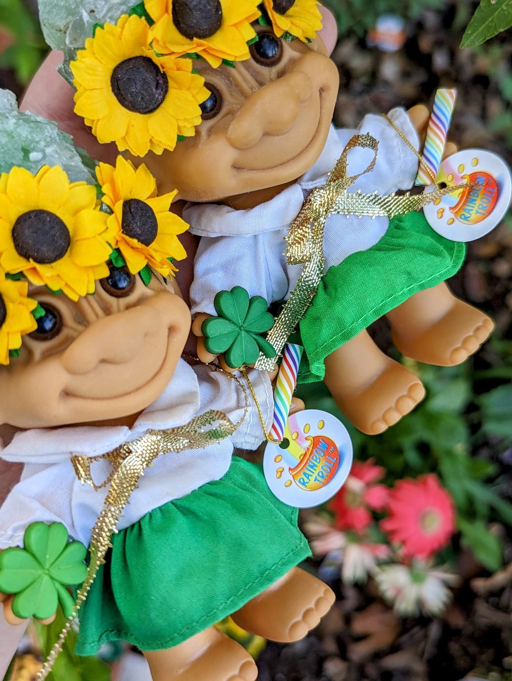 Green Calcite St Paddy's Troll with Dress and Sunflower Crown 6"