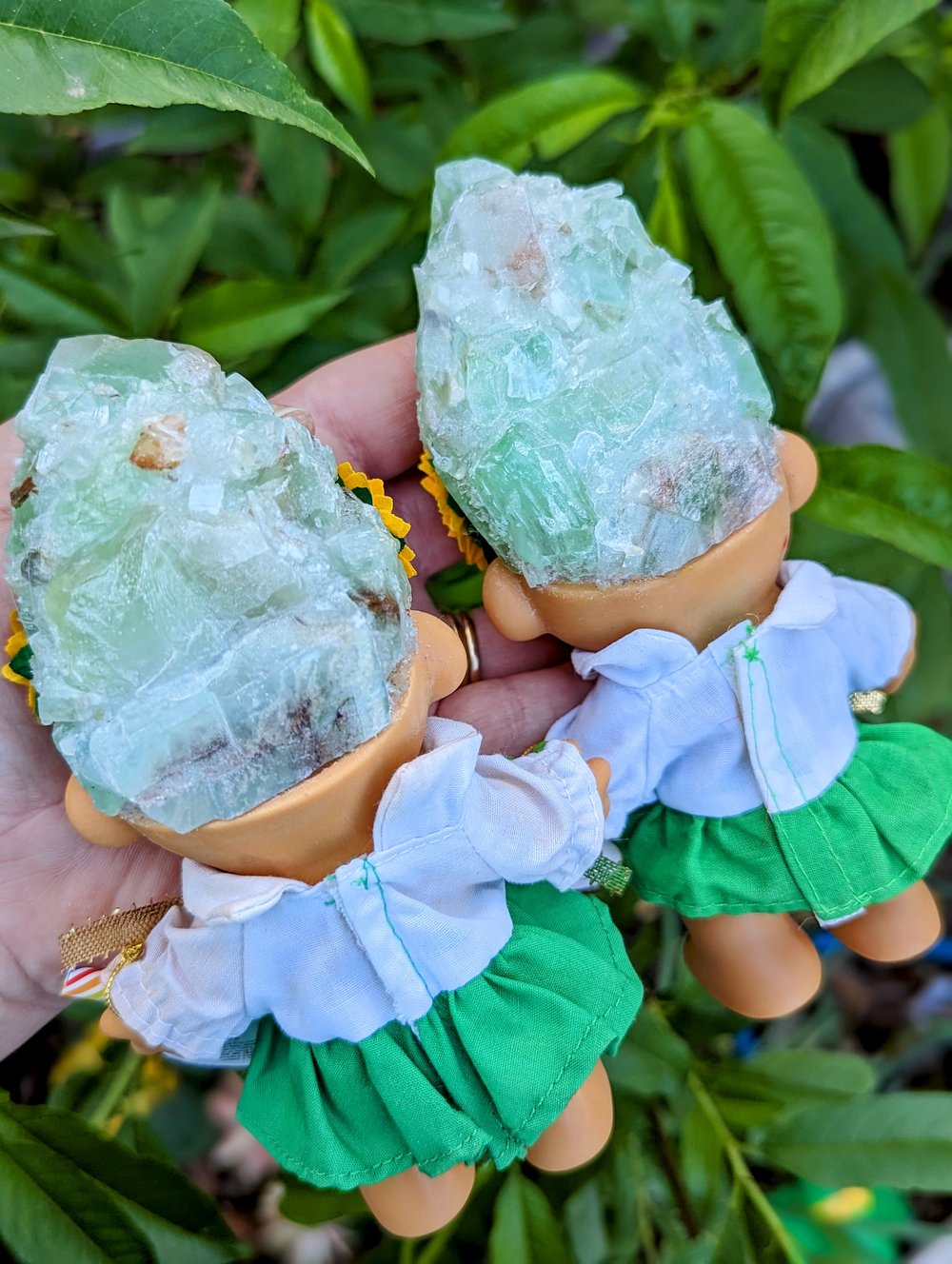 Green Calcite St Paddy's Troll with Dress and Sunflower Crown 6"