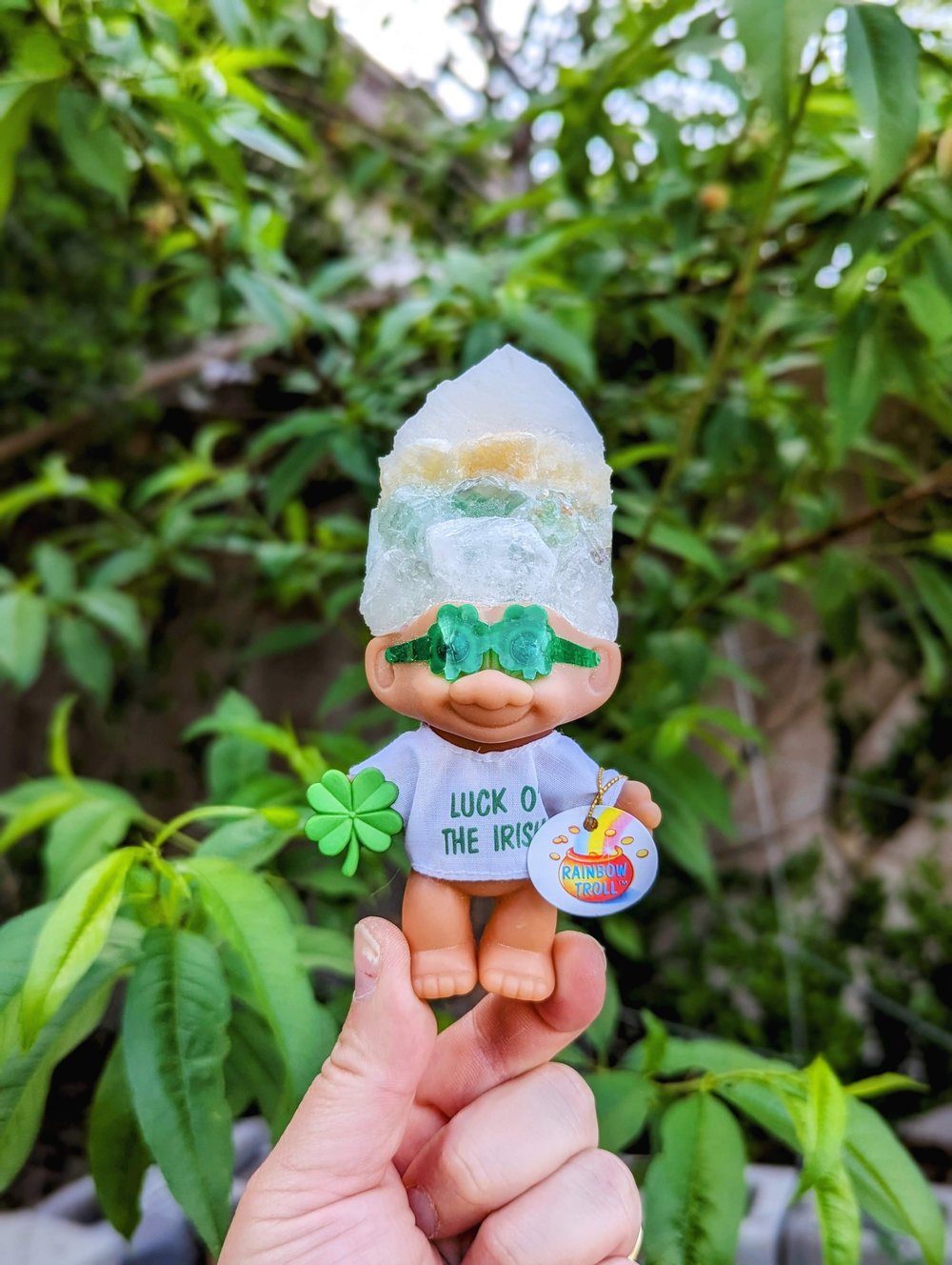 Quartz, Green and Yellow Calcite Troll with Four Leaf Clover Sunglasses 4.5"