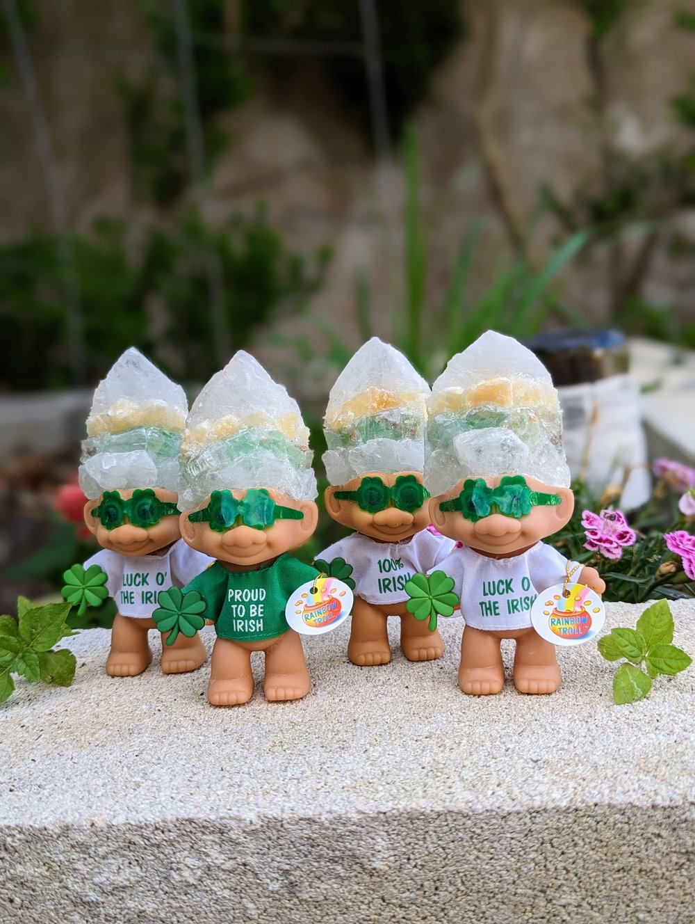 Quartz, Green and Yellow Calcite Troll with Four Leaf Clover Sunglasses 4.5"