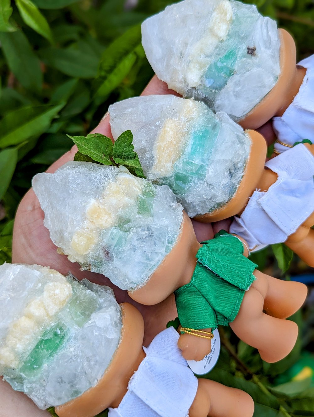 Quartz, Green and Yellow Calcite Troll with Four Leaf Clover Sunglasses 4.5"