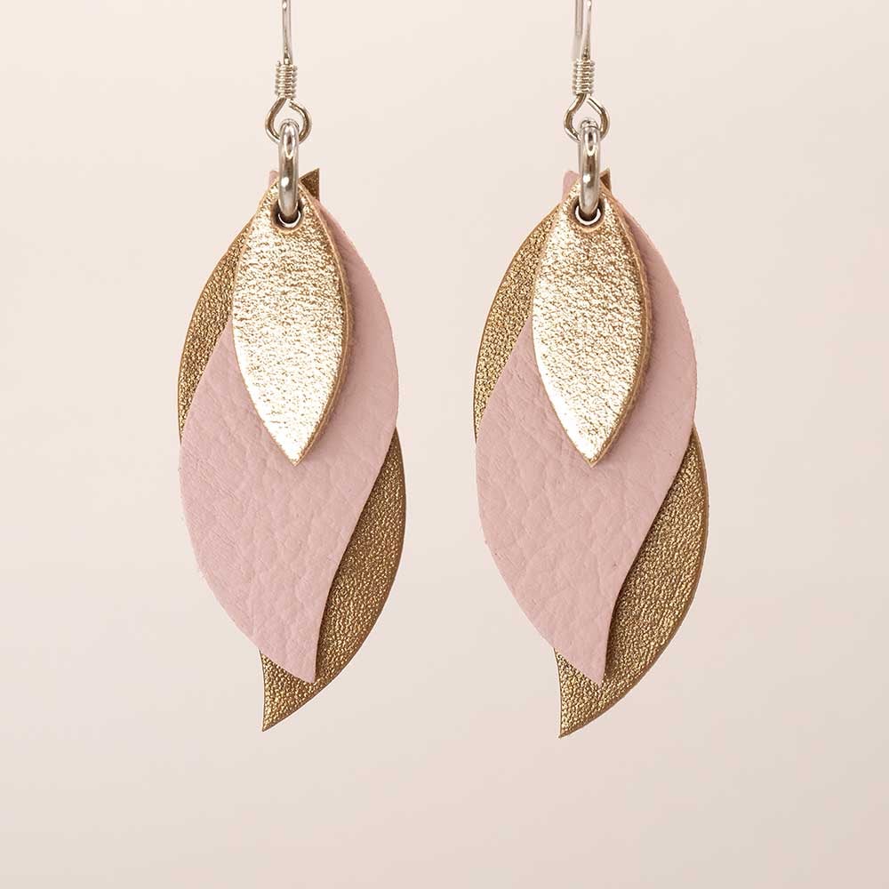 Image of Handmade Australian leather leaf earrings - Rose gold, soft pink, matte rose gold [LGP-073]