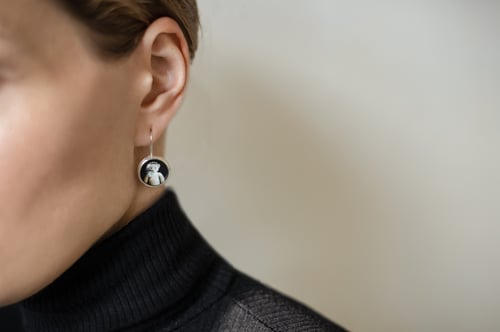 Image of "A union for the.." teddy-bear silver earrings with photos, rock crystal  · CONSORTIUM.. ·