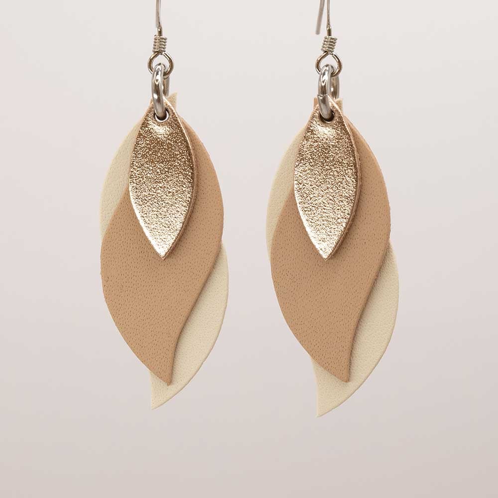 Image of Handmade Australian leather leaf earrings - Rose gold, natural, cream [LNT-361]