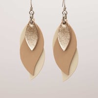 Image 1 of Handmade Australian leather leaf earrings - Rose gold, natural, cream [LNT-361]