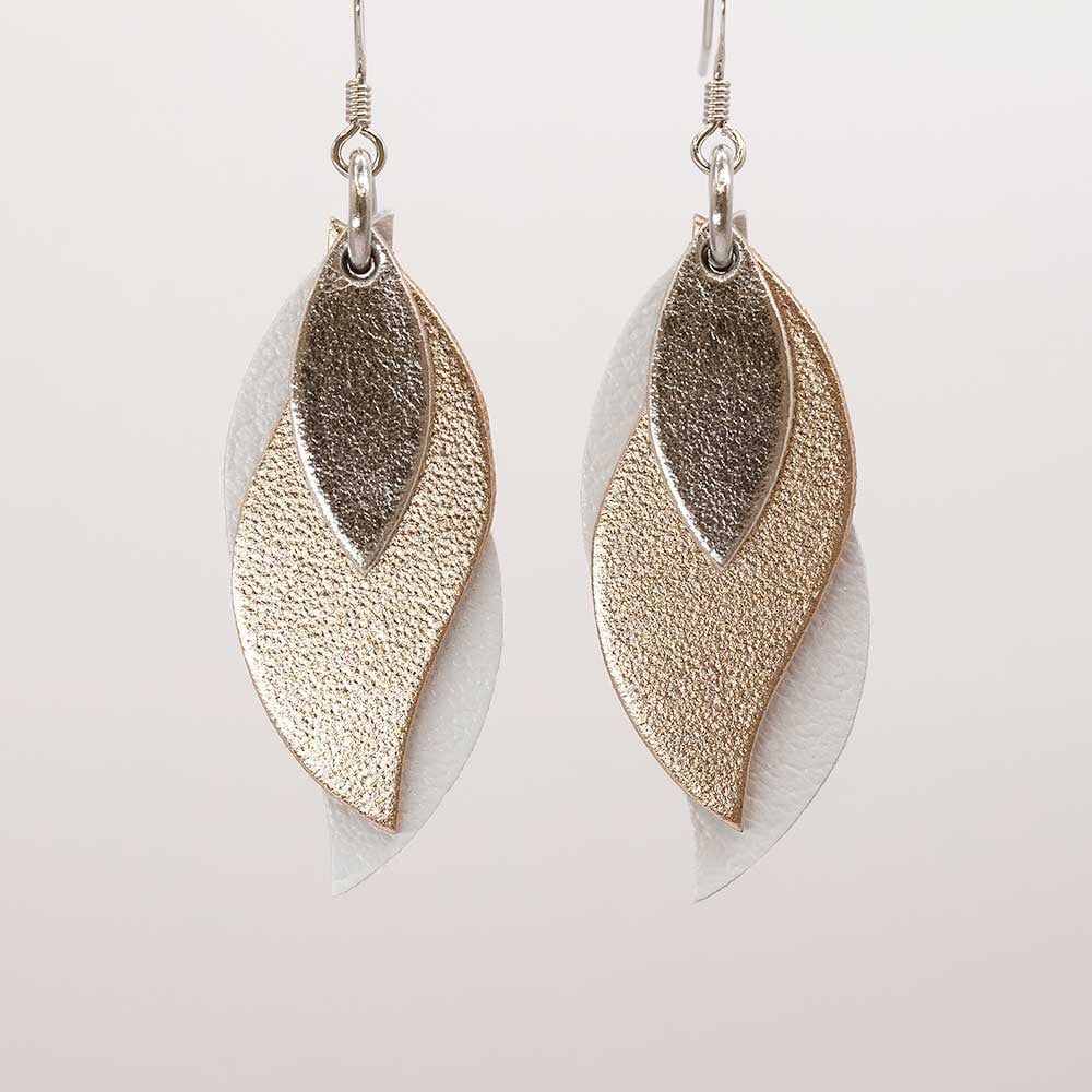 Image of Handmade Australian leather leaf earrings - Silver, rose gold, pearl white [LMT-171]