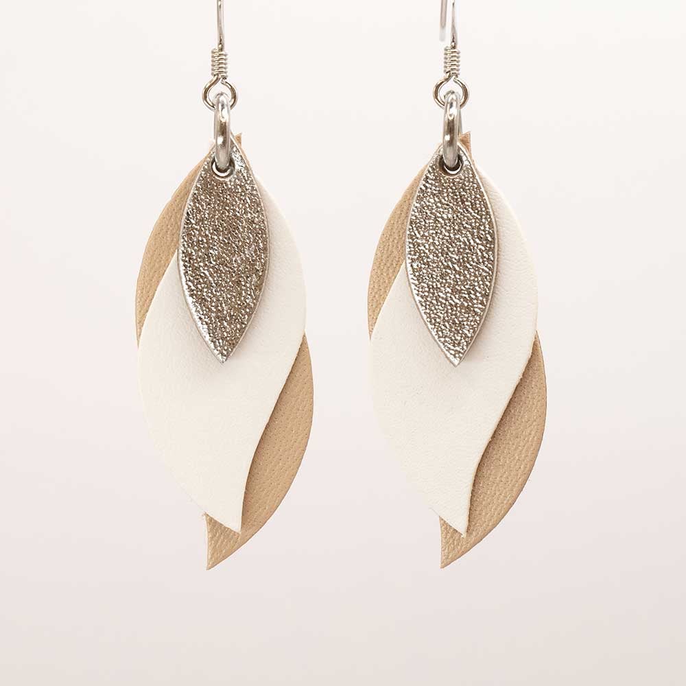 Image of Handmade Australian leather leaf earrings - Silver, white, beige [LMT-175]