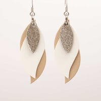 Image 1 of Handmade Australian leather leaf earrings - Silver, white, beige [LMT-175]
