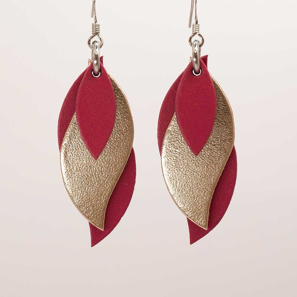 Image of Handmade Australian leather leaf earrings - Hot pink with rose gold [LPG-267]