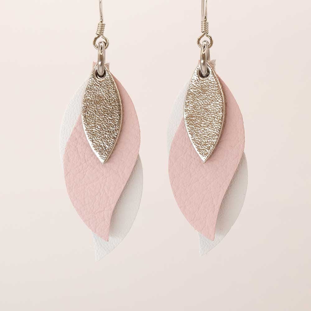 Image of Handmade Australian leather leaf earrings - Silver, soft pink, white [LPK-134]