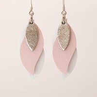 Image 1 of Handmade Australian leather leaf earrings - Silver, soft pink, white [LPK-134]