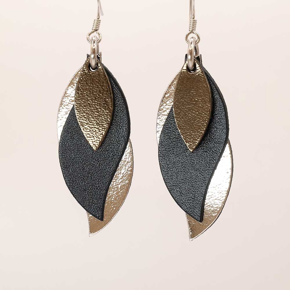 Image of Handmade Australian leather leaf earrings - Metallic pewter, dark navy and silver [LMT-170]