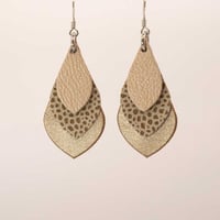 Australian leather teardrop earrings - Almond, animal print, matte rose gold [TAR-098]