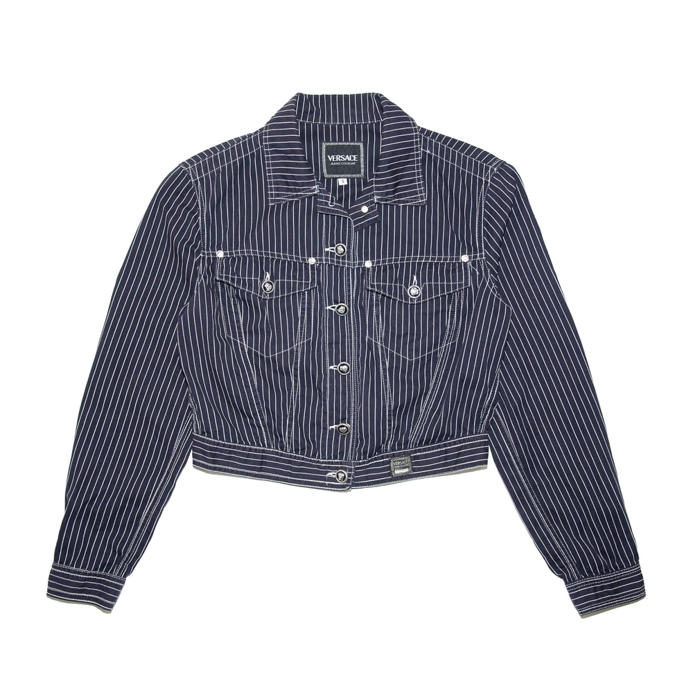 Image of Versace Jeans Couture Pinstripe Blue Cropped Western Jacket