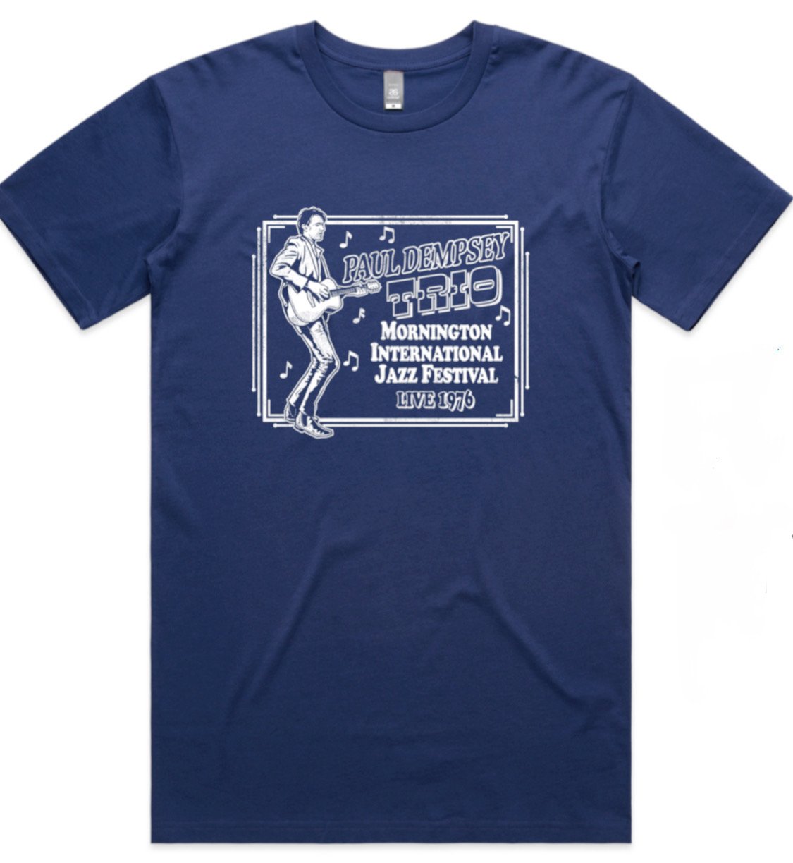 Image of Paul Dempsey 'Mornington Jazz Festival 1976' t-shirt on cobalt blue