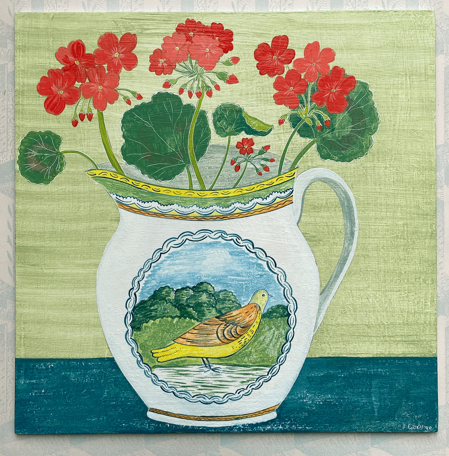 Image of Bird jug and Geraniums