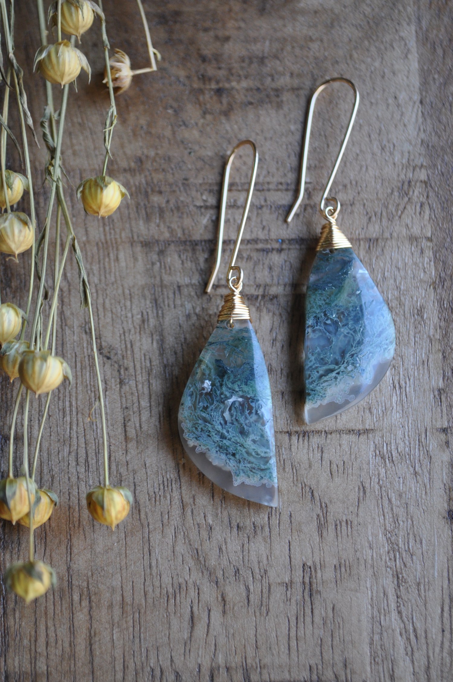 Image of  OOAK Moss Agate Wing Dangles