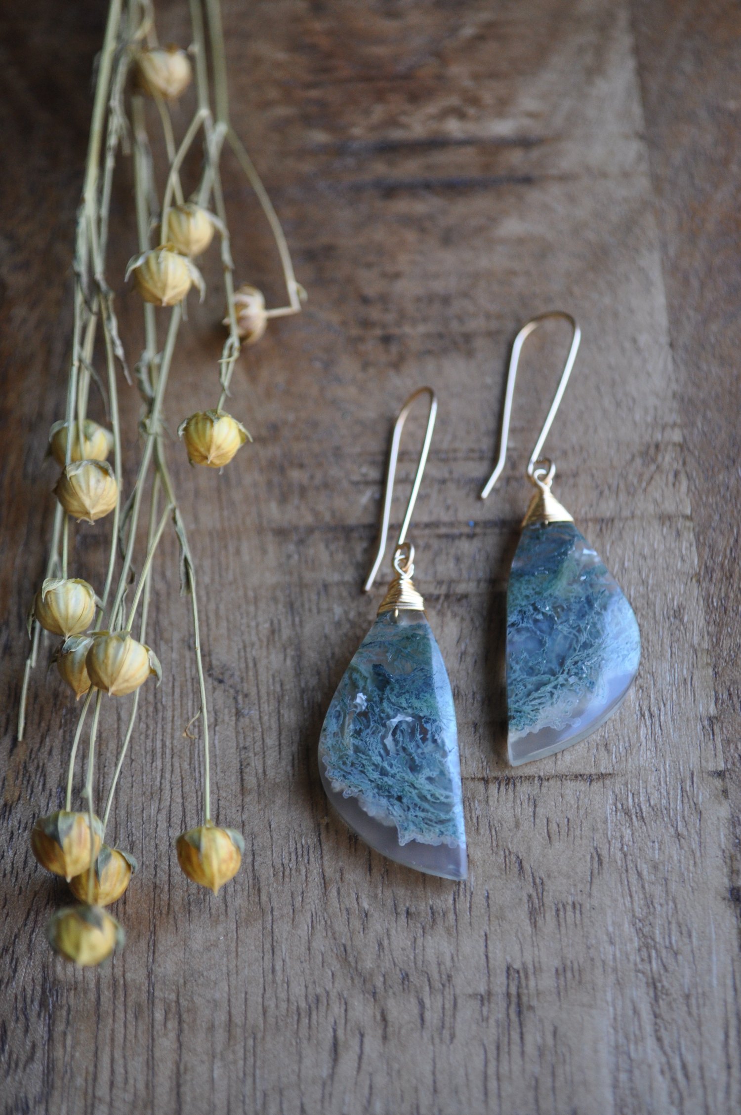 Image of  OOAK Moss Agate Wing Dangles