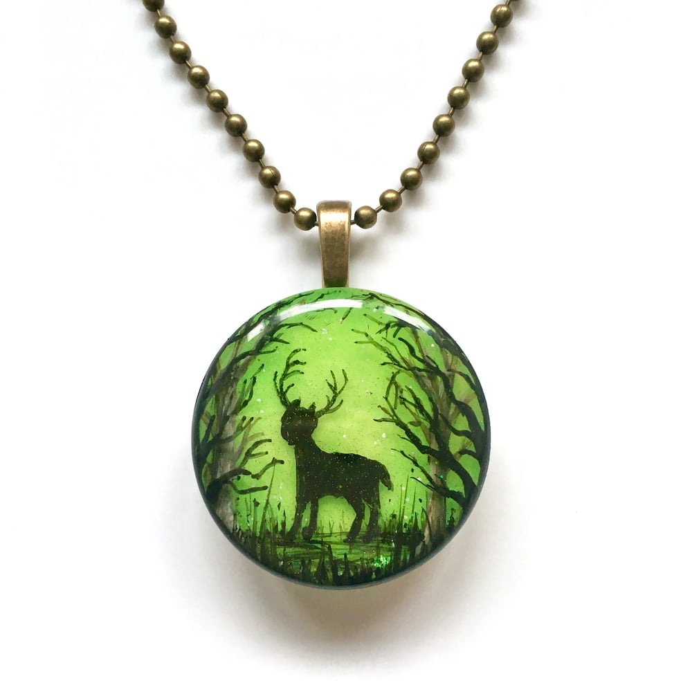 Stag in Enchanted Forest Resin Pendant - Square or Circle