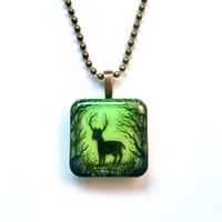 Image 2 of Stag in Enchanted Forest Resin Pendant - Square or Circle