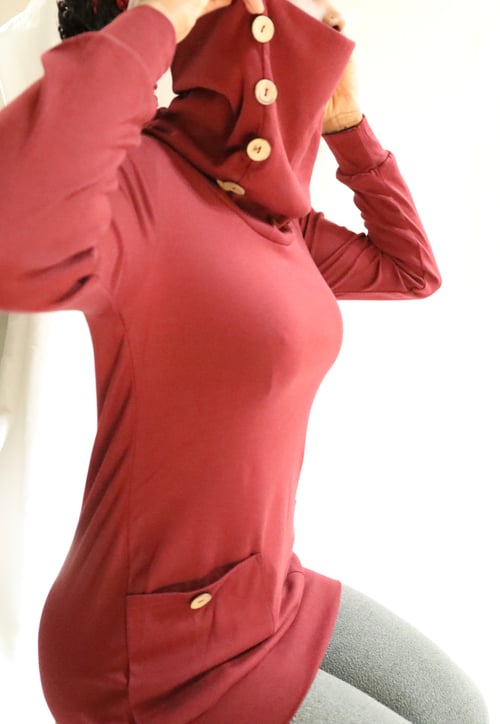 Image of Burgundy Levaca Long Sleeve Cowl Neck Button Tunic Top