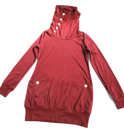 Image of Burgundy Levaca Long Sleeve Cowl Neck Button Tunic Top