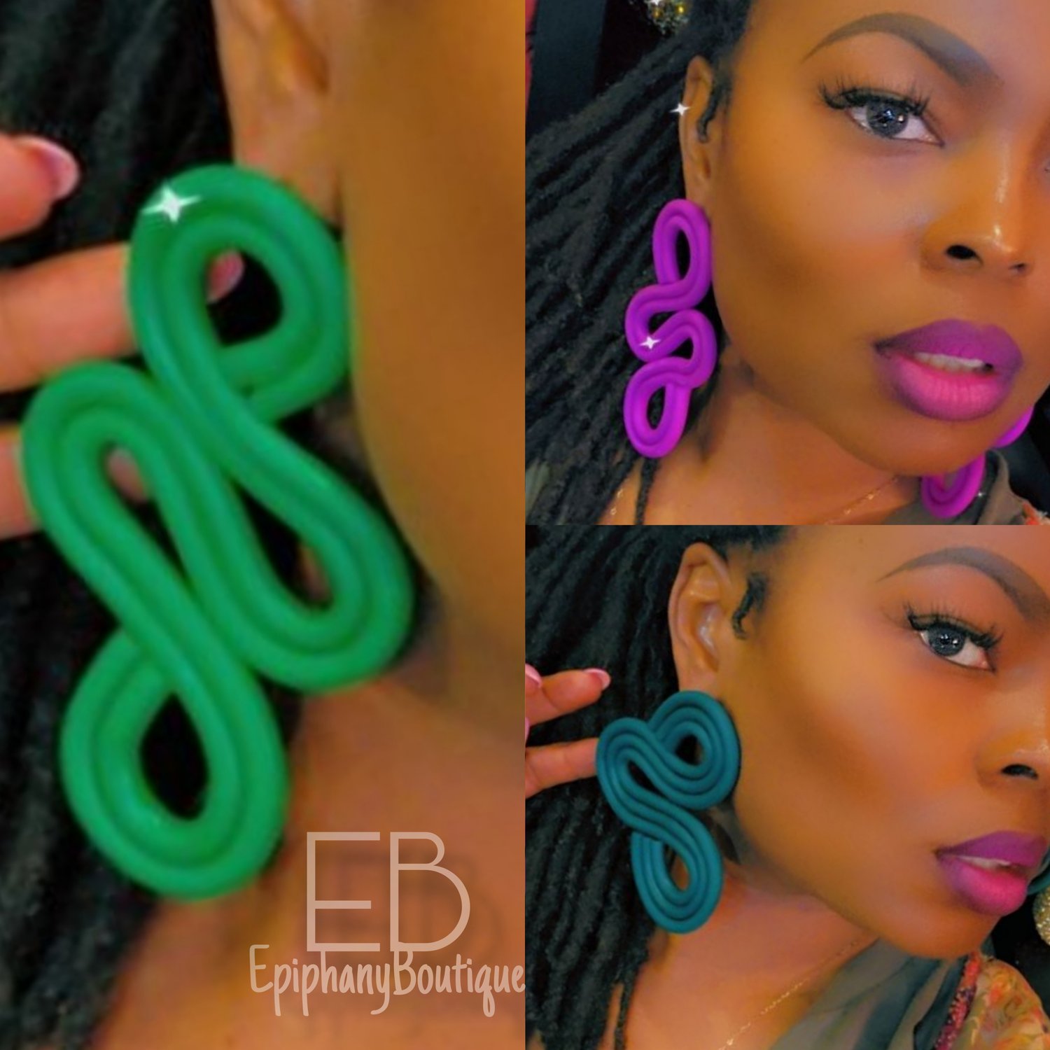 Image of EB Custom Prototype Earrings: Kelley Green, Fuschia Purple & Hunter Green