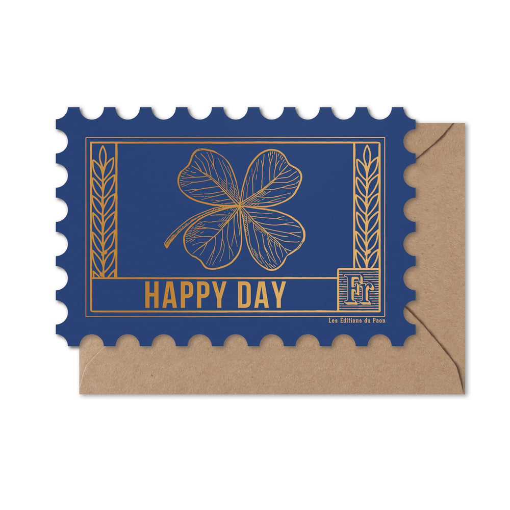 Image of CARTE TIMBRE HAPPY DAY trefle bleu