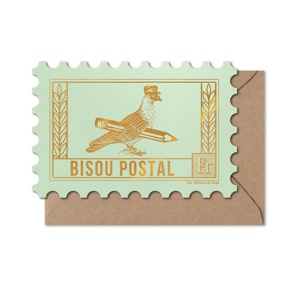 Image of CARTE TIMBRE BISOU POSTAL pigeon vert d'eau