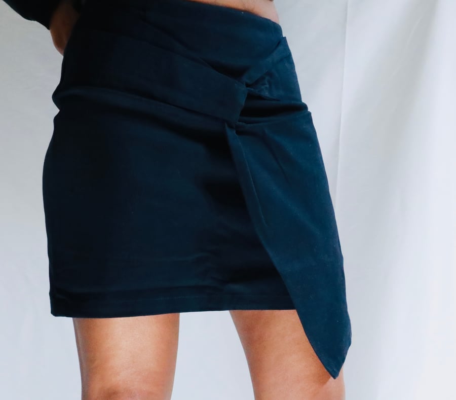 Image of La Lavon Navy Blue Denim Asymmetrical Mini Twist Skirt 