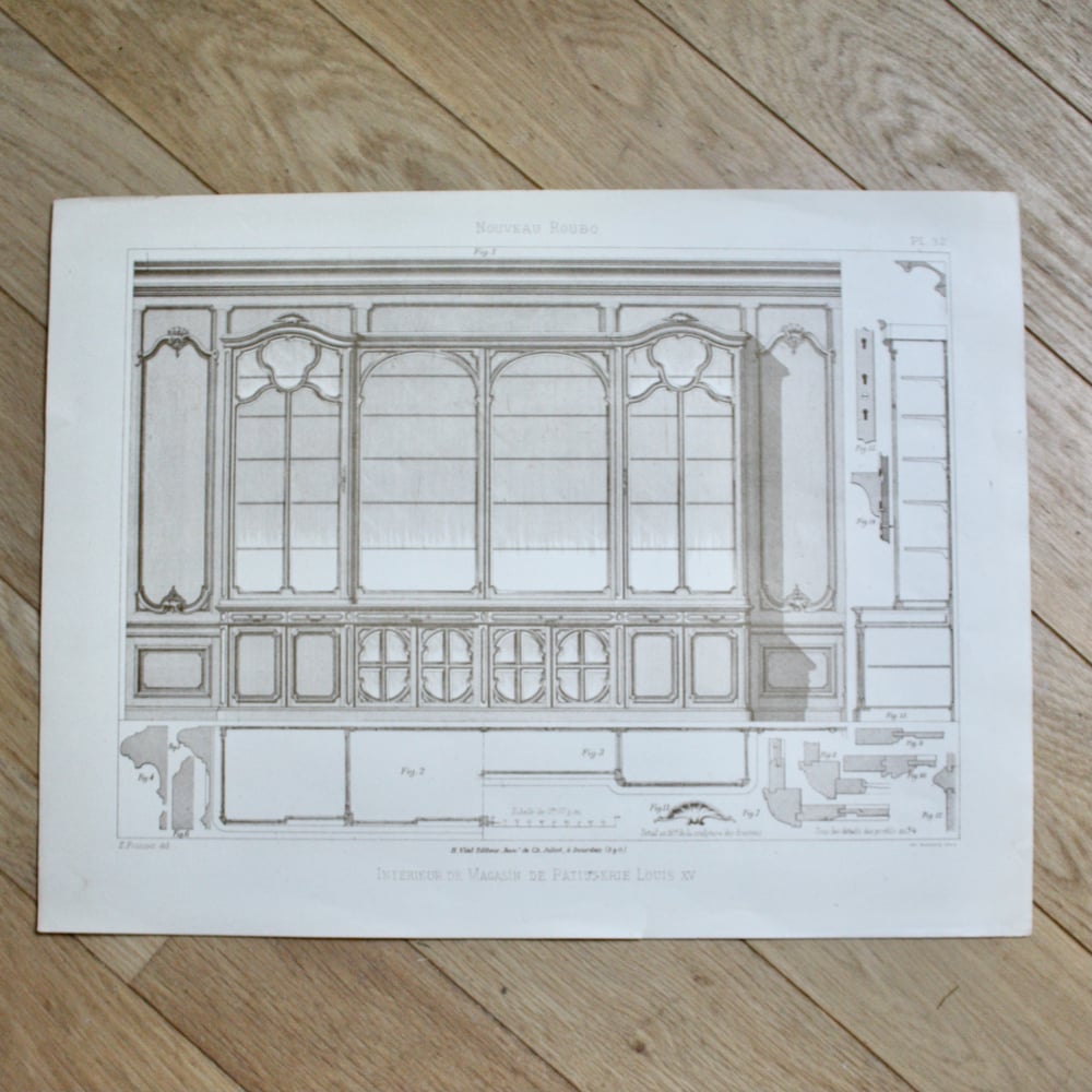 Image of  Intérieur de magasin de pâtisserie Louis XV et sa planche de détails. (2 planches).