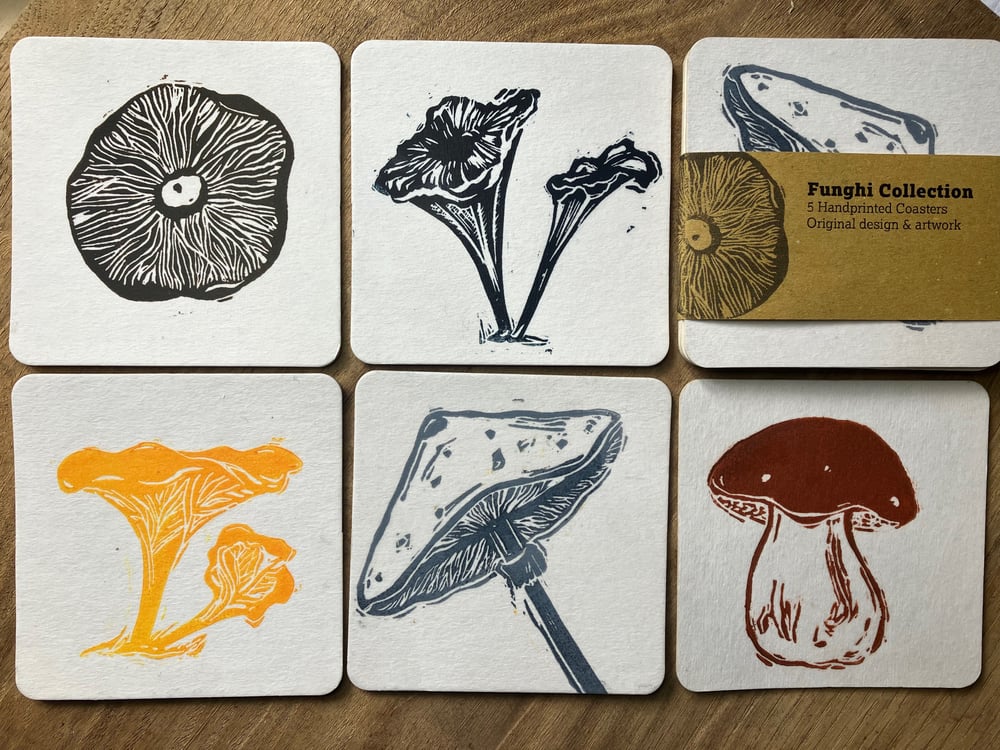 Image of Coasters—Funghi Collection—5 handprinted coasters
