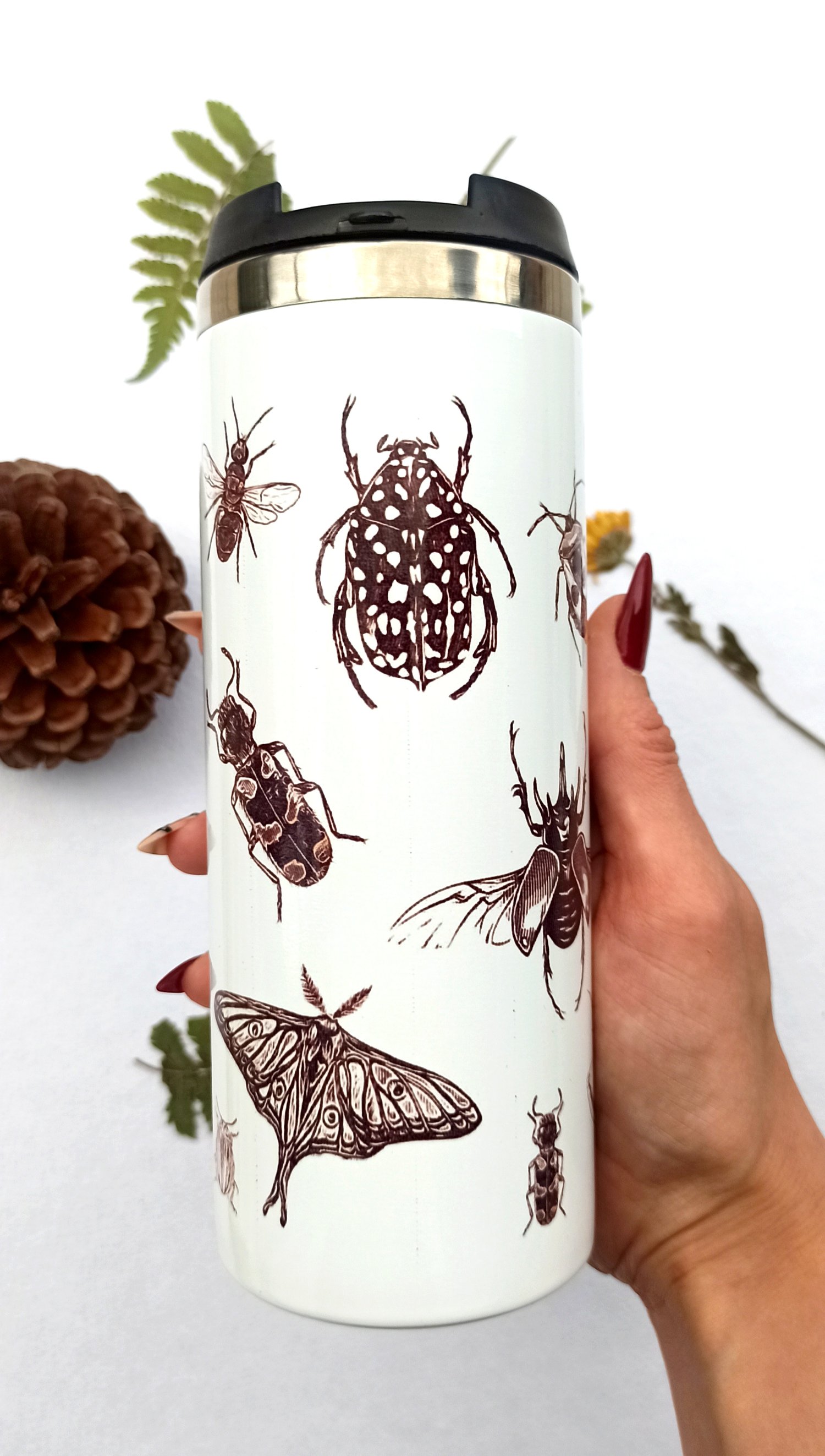 Image of Travel Mug Stainless steel Thermos with Insect Illustrations