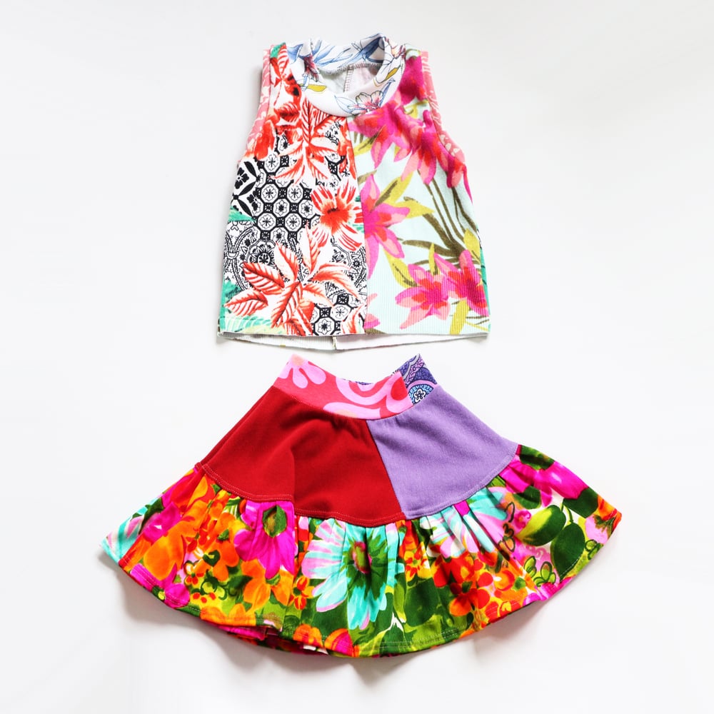Image of pink neon floral flowers flower vintage fabric size 4 4/5 superfloral flouncy skirt set vest