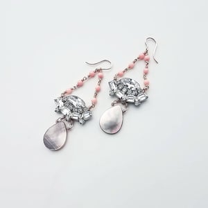 Coral & Mother of Pearl Vintage Rhinestone Earrings 