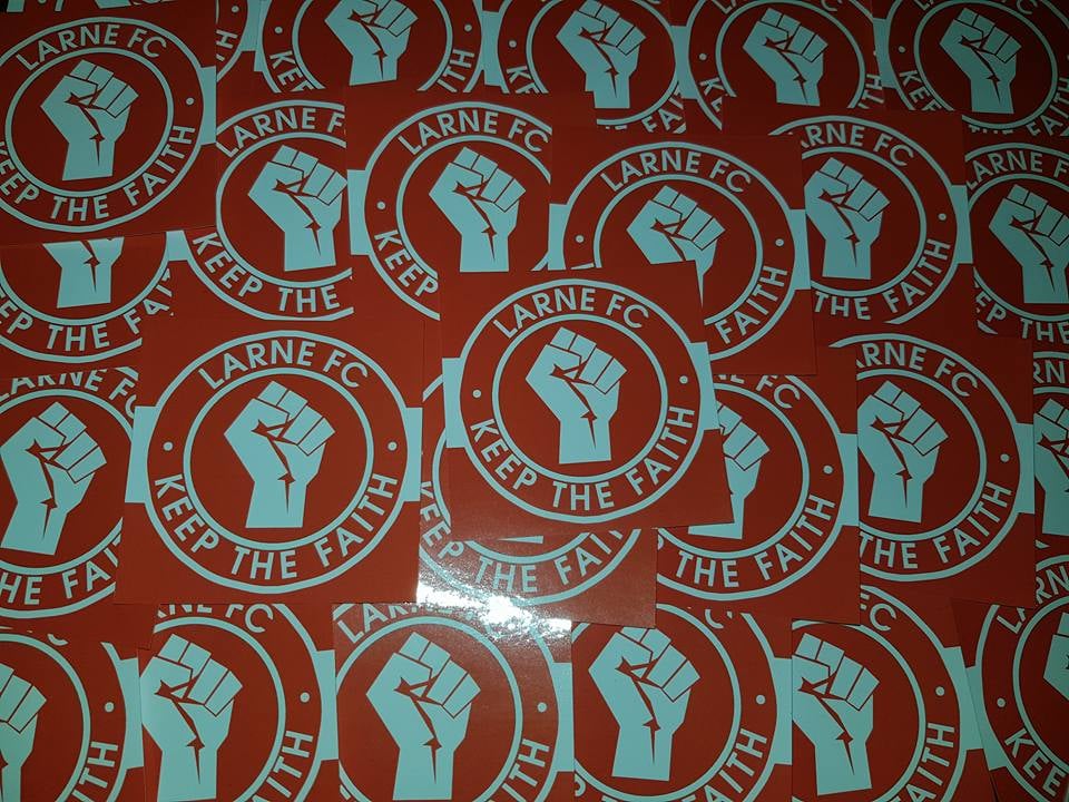 Pack of 25 7x7cm Larne Keep The Faith Football/Ultras Stickers.