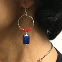 Image 2 of "Passion and Peace" - Lapis Lazuli and red glass disc earrings on silver loop