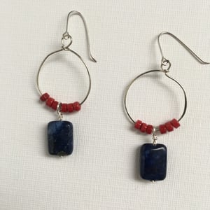 Image of "Passion and Peace" - Lapis Lazuli and red glass disc earrings on silver loop