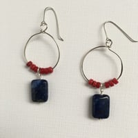 Image 1 of "Passion and Peace" - Lapis Lazuli and red glass disc earrings on silver loop