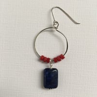 Image 3 of "Passion and Peace" - Lapis Lazuli and red glass disc earrings on silver loop