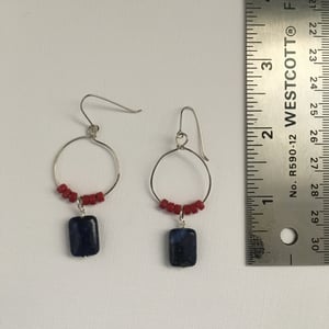 Image of "Passion and Peace" - Lapis Lazuli and red glass disc earrings on silver loop