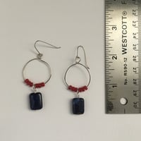 Image 4 of "Passion and Peace" - Lapis Lazuli and red glass disc earrings on silver loop