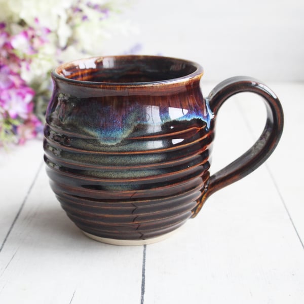 Image of Amber Brown, and Blue Pottery Mug, 14 oz. Handcrafted Coffee Cup, Made in USA (A)